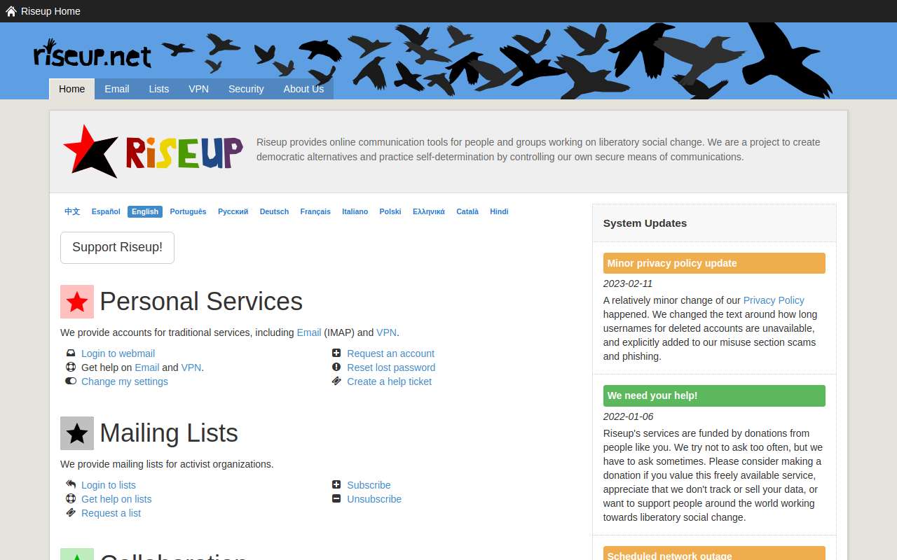 The Riseup home page, as my checks saw it