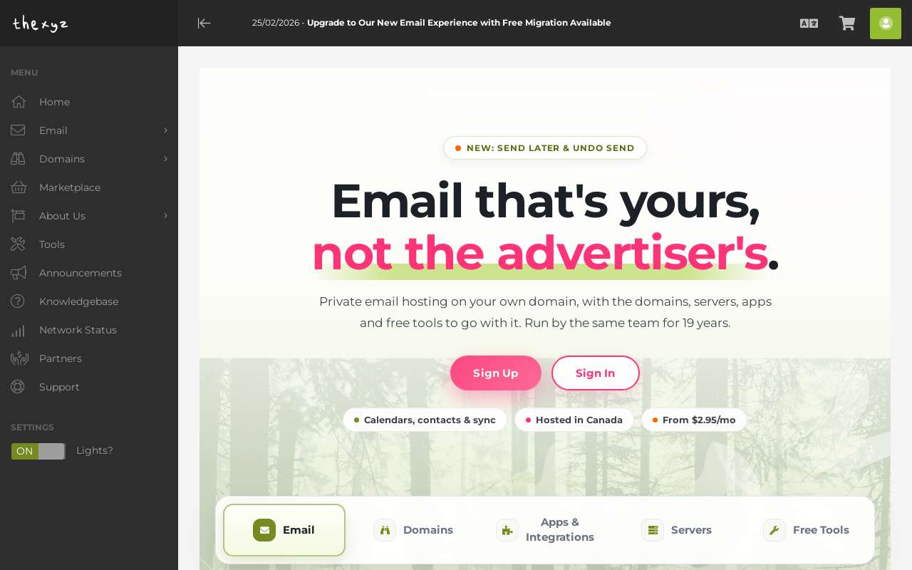The Thexyz home page, as my checks saw it