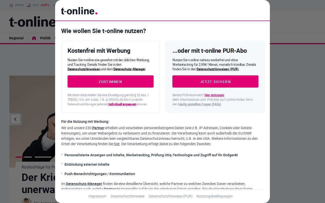The t-online Mail home page, as my checks saw it