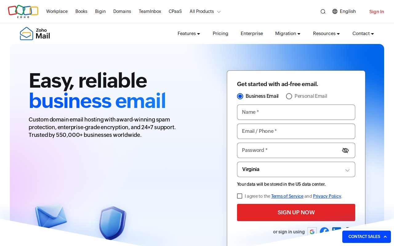 The Zoho Mail home page, as my checks saw it